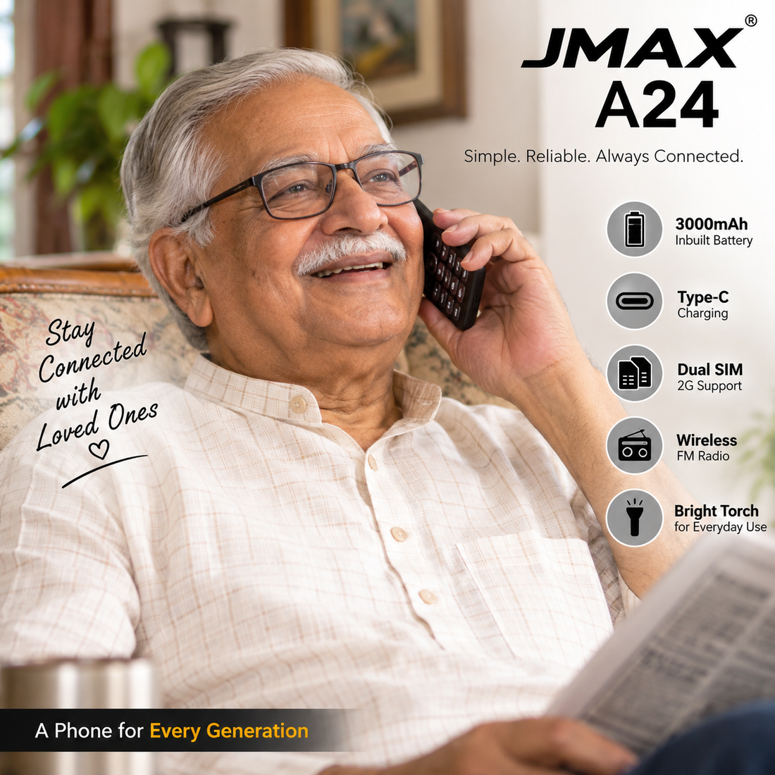 JMAX A24 Keypad Phone: 3000mAh Battery, Type-C & Dual SIM Features