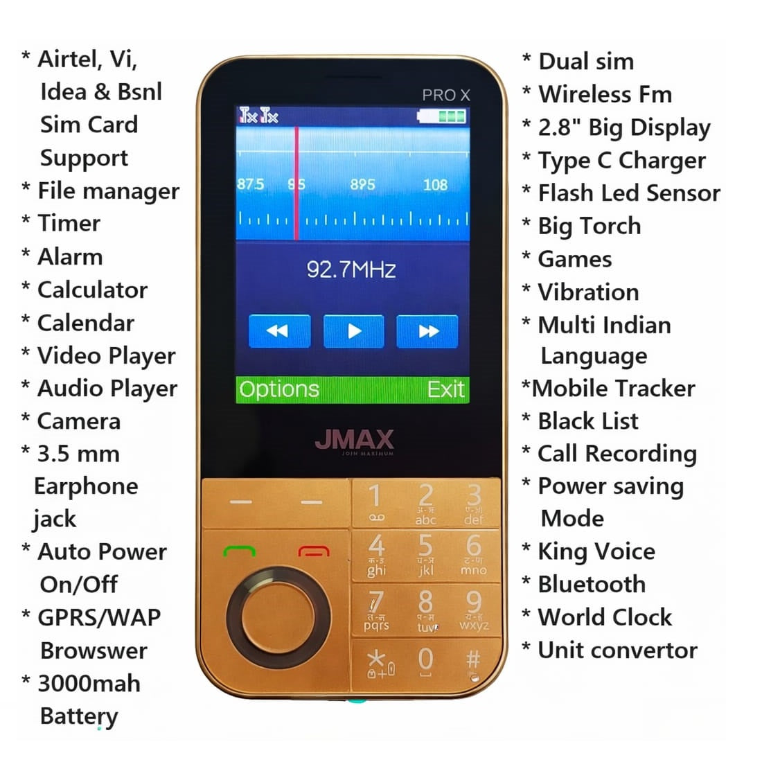 Jmax Pro X Curvy |Dual Sim|Big Screen Keypad Phone (Gold)