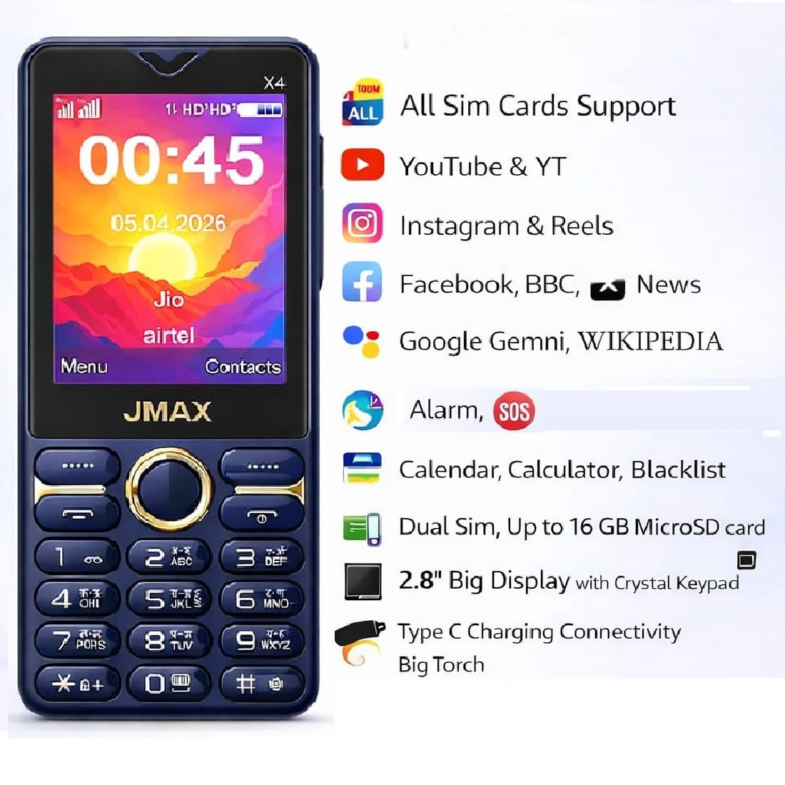 Jmax X4 4g Phone |Youtube |Facebook |Chagpt (Blue)
