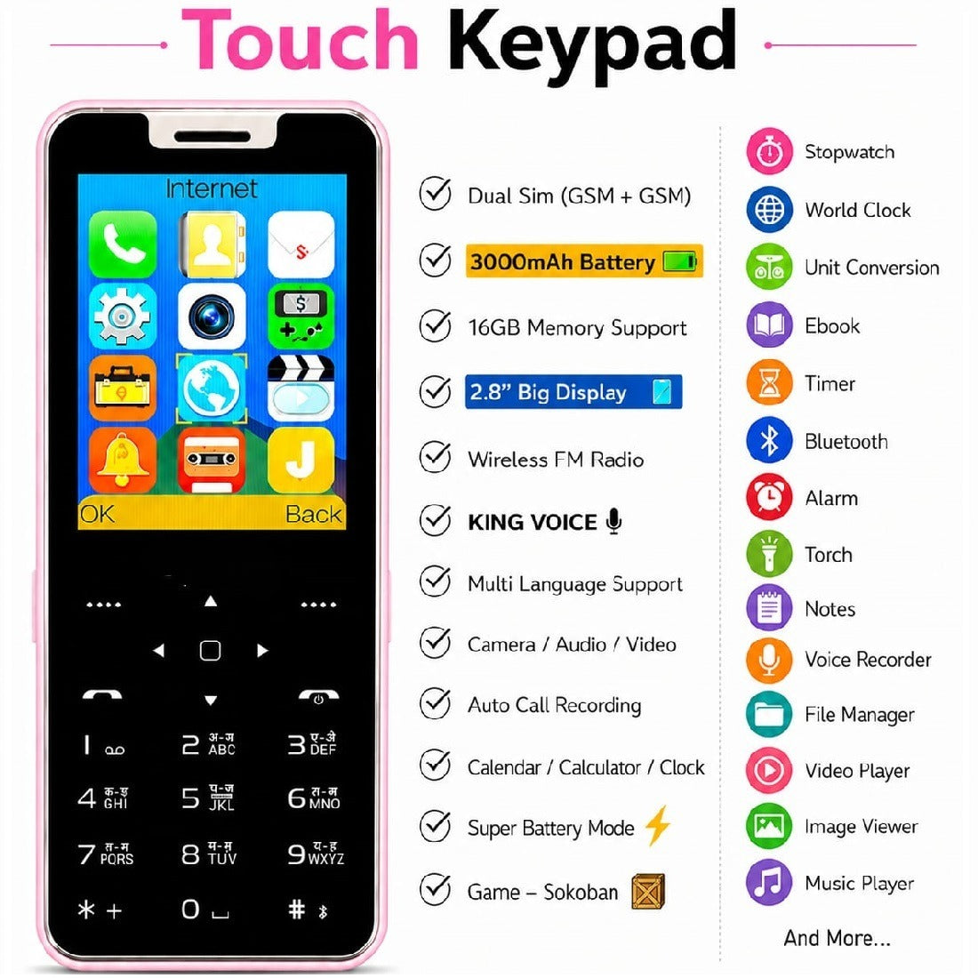 Jmax Touch Key BIG SCREEN KEYPAD PHONE (Pink)