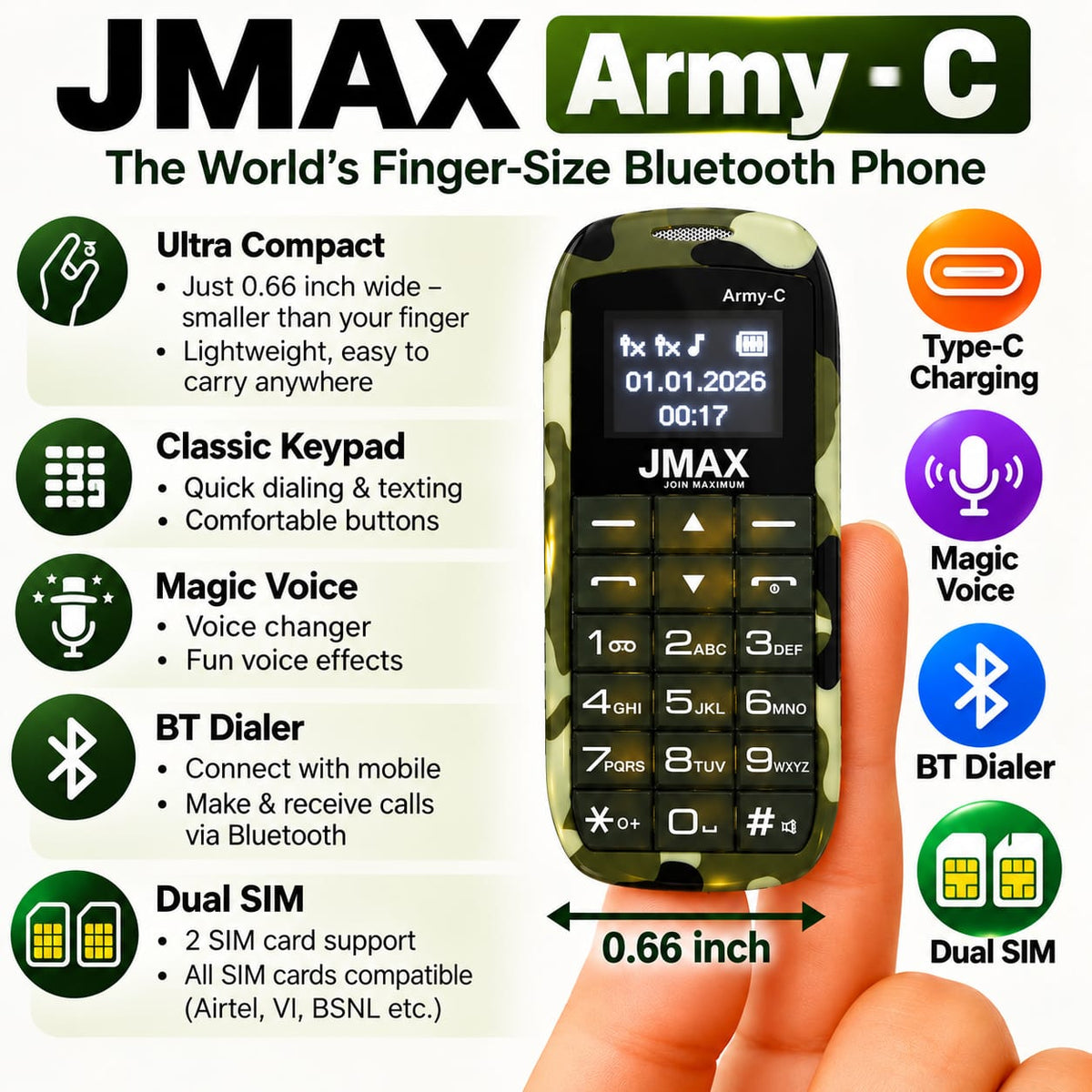 Jmax Army-C Mini magic Voice Phone (Army Green)