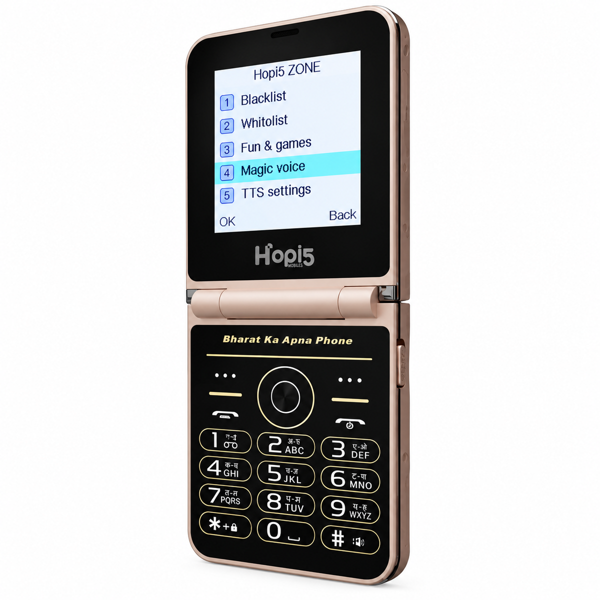 Hopi5 HI1 Flip Phone with Magic Voice System (White-Gold)